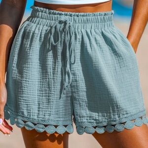 Light Blue Elastic Waist Ornate Hem Shorts